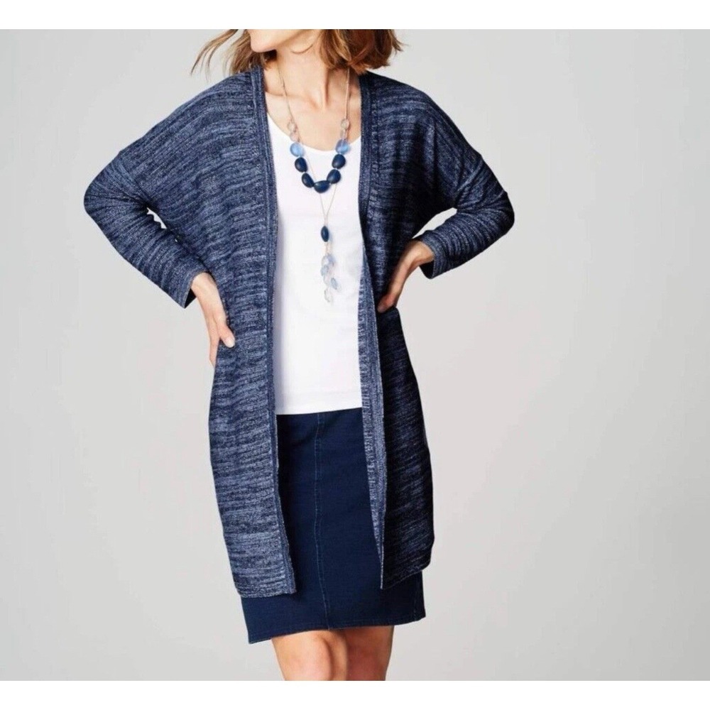 J. JILL Medium Open Front Cardigan Blue Heather Cotton/Rayon/Nylon Blend Pockets